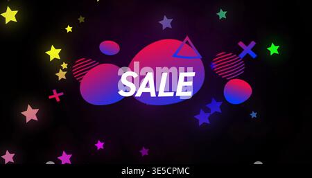 Displaying bold SALE text over black backdrop, with three magenta-purple-blue blobs and stars Stock Photo