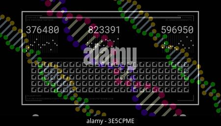 Displaying white-framed panel showing three numeric counters on black field with helix motifs Stock Photo
