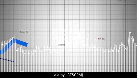 Displaying bar-and-line chart on gray canvas showing bars, white line, blue ribbon, numeric labels Stock Photo
