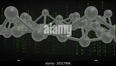 Forming central 3D network in virtual lab, translucent spheres and rods with cascading green binary Stock Photo