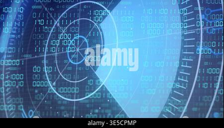 Animating radar HUD sweeping triangular sector on digital screen, reticle, binary, radial scale Stock Photo