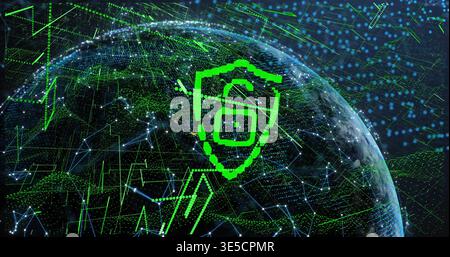 Hovering neon-green shield showing padlock above transparent Earth from orbit, with circuit grid Stock Photo
