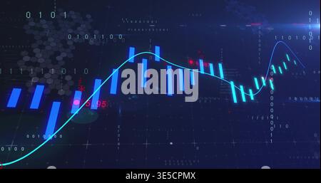 Displaying digital chart, moving average sweeping center on dark screen with cyan line and bars Stock Photo