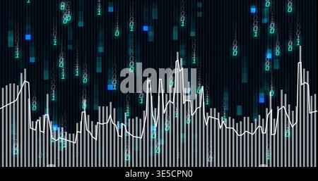 Displaying central bar chart with jagged white line in dark digital, binary digits and teal squares Stock Photo