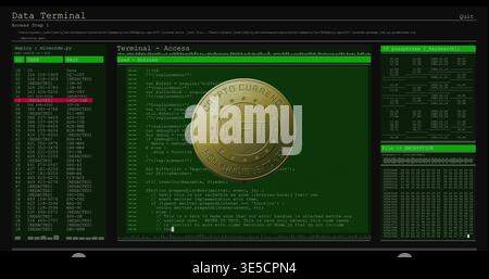 Displaying metallic gold NFT coin centered on terminal, showing code pane, left list, right hex Stock Photo