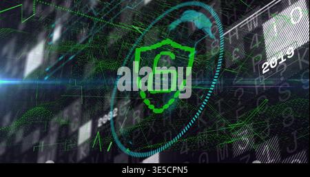 Pulsing centered green shield showing stylized lock 6, rotating in cyberspace with teal ring, grid Stock Photo