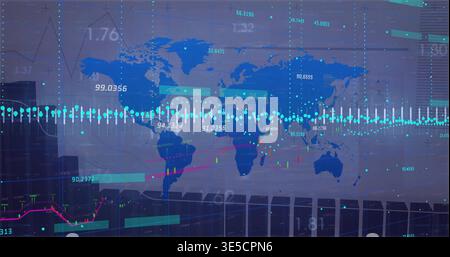 Displaying world map dashboard showing layered charts on large display, with cyan waveform Stock Photo