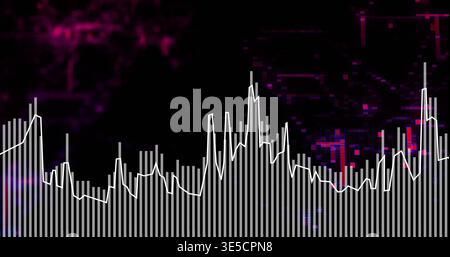 Displaying digital chart pulsing on dark screen, showing white bars, jagged line, magenta glitches Stock Photo
