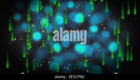 Streaming data over dark backdrop, showing vertical green binary streams, teal bokeh, golden specks Stock Photo