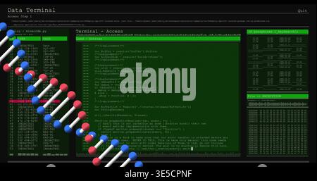 Overlaying 3D DNA double helix crossing wide monitor, displaying Data Terminal, code editor, logs Stock Photo