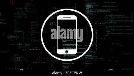 Displaying white smartphone icon inside circular outline in dark coding console, with green code Stock Photo