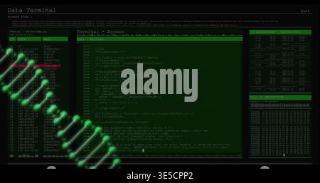 Displaying terminal three-pane console on dark workstation, showing green code and neon DNA overlay Stock Photo
