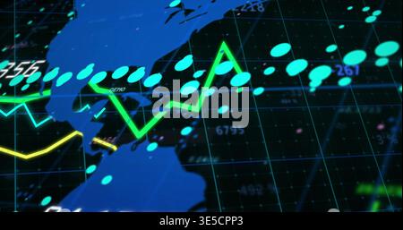 Displaying bright green zigzag trend line moving across trading dashboard with turquoise markers Stock Photo