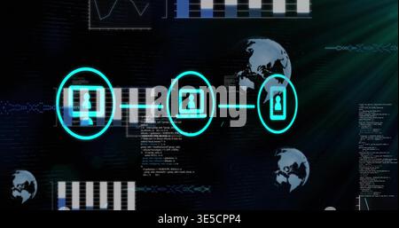 Connecting glowing chain of desktop laptop smartphone icons on dark backdrop showing code charts Stock Photo
