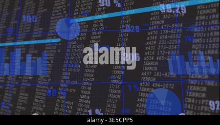 Displaying digital data dashboard showing codes on monitor, with blue bars and ERROR labels Stock Photo