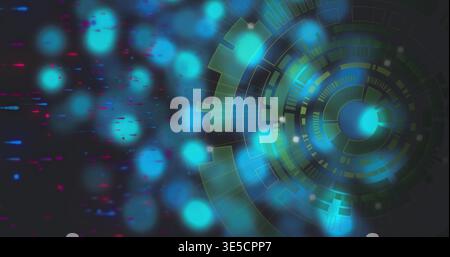 Displaying right-side circular HUD rotating in UI, with bokeh orbs and radial ticks, copy space Stock Photo