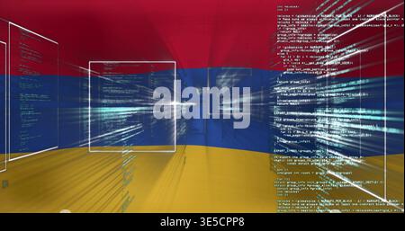 Floating glass panels and code columns forming vanishing grid in virtual space, tricolor backdrop Stock Photo