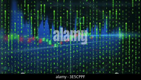 Streaming green binary digits overlaying candlestick bars and blue line graph in virtual dashboard Stock Photo
