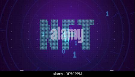 Glowing large NFT letters pulsing on digital crypto poster, showing token icons and binary digits Stock Photo