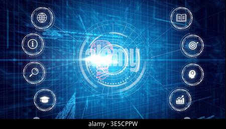 Displaying central holographic HUD glowing over virtual grid, connecting laptop icon and brain Stock Photo