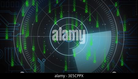 Displaying radar UI scanning digital display, showing concentric rings and falling binary digits Stock Photo