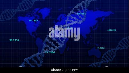 Displaying textured DNA helix crossing world map over navy grid, showing cyan numeric readouts Stock Photo