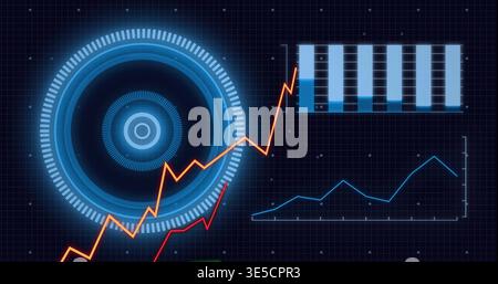 Displaying large glowing concentric HUD on left of analytics dashboard, with orange line, cyan bars Stock Photo