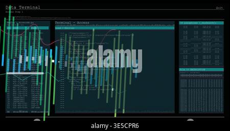 Displaying Terminal - Access on monitor, showing code bars, left controls, IP passphrase, hex dump Stock Photo