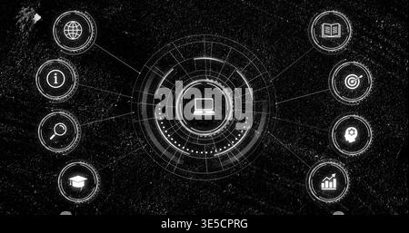 Displaying central ringed HUD with laptop icon on textured chalkboard backdrop, linking eight nodes Stock Photo