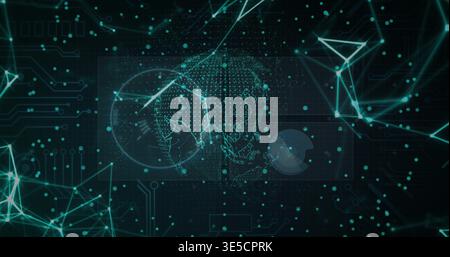 Projecting holographic dotted globe pulsing in virtual dashboard, with HUD rings and nodes Stock Photo
