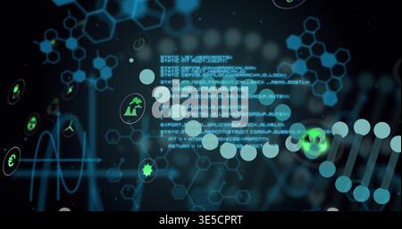 Displaying stylized DNA helix glowing in virtual dashboard, with code text and green icons Stock Photo
