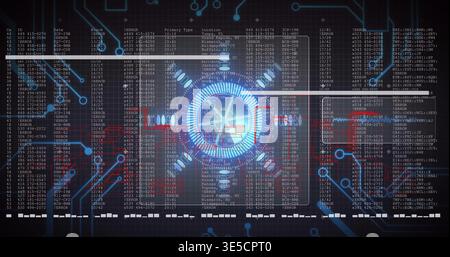 Displaying central blue HUD pulsing on dark dashboard, overlaying red ECG waveform and data columns Stock Photo