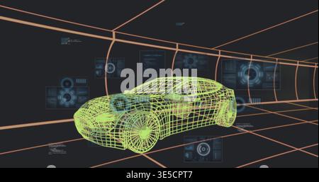 Rendering neon-green wireframe sedan in CAD simulation, showing orange tunnel grid and floating HUD Stock Photo