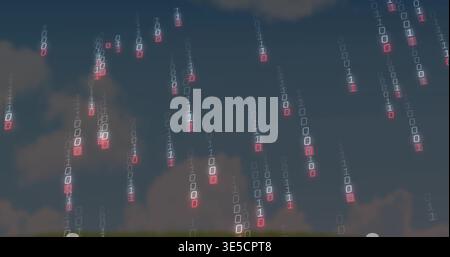 Streaming glowing binary digits 0 and 1 falling over grassy horizon at dusk, with clouds Stock Photo