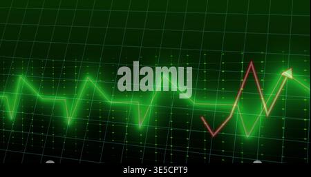 Displaying neon green waveform pulsing on screen grid dotted with dot markers and red zigzag arrow Stock Photo