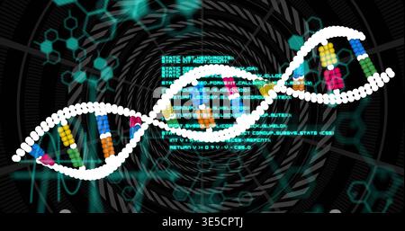 Twisting DNA helix bridging biotech and cybersecurity in radial tunnel, showing code, hex grid, ECG Stock Photo