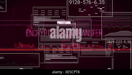 Displaying central neon ENCRYPTED DATA TRANSFER label on maroon panel, showing PROCESSING Stock Photo