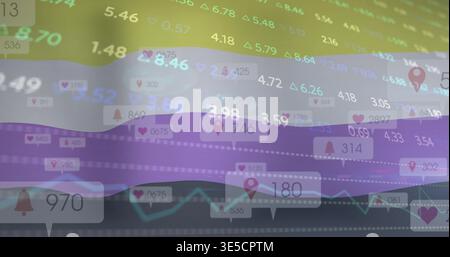 Showing data display on dashboard, featuring layered charts, notification widgets, numeric ticks Stock Photo
