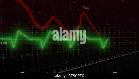 Displaying data traces moving across dashboard, showing neon green waveform, red trend line, grid Stock Photo