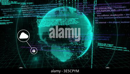 Rotating holographic globe hovering above grid in cyberspace, with cloud padlock icons Stock Photo