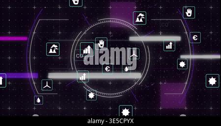 Displaying central circular gauge rotating on virtual dashboard, showing teal icons, CO2 label Stock Photo