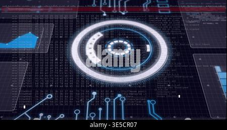 Displaying central circular HUD reticle with inner core on console, showing hex text, dotted matrix Stock Photo