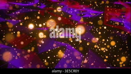 Glowing low-poly plane floating in digital artwork, with purple-red facets and golden orbs Stock Photo