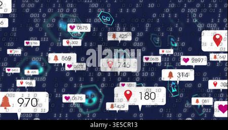 Floating notification bubbles drifting across binary matrix, showing counters, pin heart bell icons Stock Photo