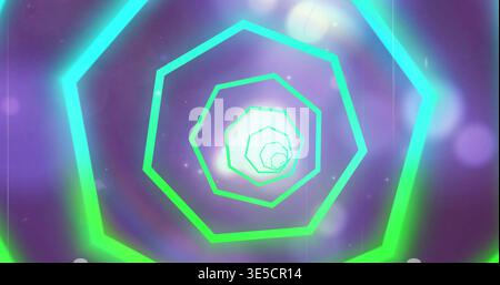 Displaying neon concentric rings spiraling toward bright core in digital art with lens flares Stock Photo