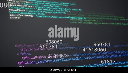 Displaying syntax-highlighted source code block on developer screen, with overlaid numeric markers Stock Photo