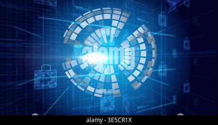 Pulsing central segmented HUD glowing with central flare in data tunnel, showing padlock icons Stock Photo