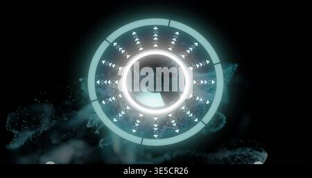 Glowing central HUD floating in dark void, showing concentric rings, wedge, drifting teal particles Stock Photo