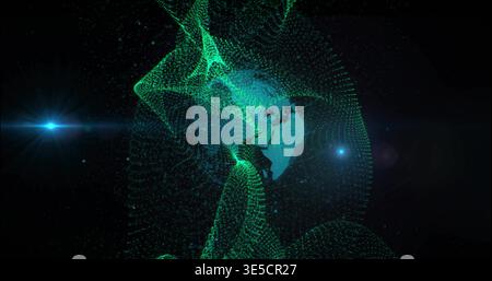 Displaying dotted globe rotating in dark digital void, teal ribbons, blue flare, starfield Stock Photo
