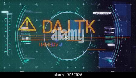 Displaying central reticle showing DAJTK or IMMEDV on teal backdrop with cyan arcs and yellow triang Stock Photo